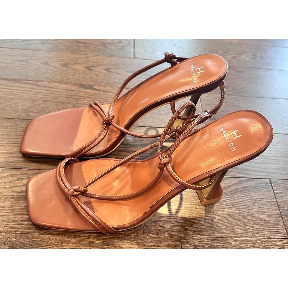 Halston Womens Cognac Brown Strappy Square Toe Flared Stiletto Heel Sandals 11
